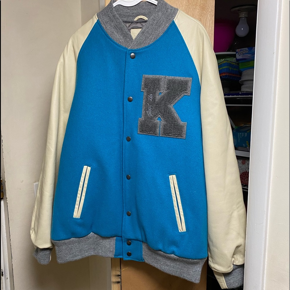 KITH Just Us ronnie fieg Leather/Wool Varsity bomber coat letterman Jacket 3XL
